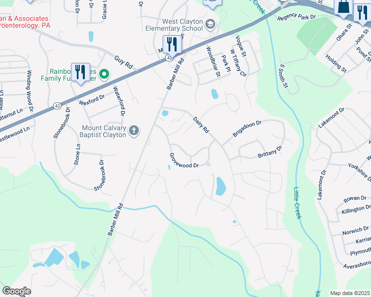 map of restaurants, bars, coffee shops, grocery stores, and more near 2116 McKinnon Drive in Clayton