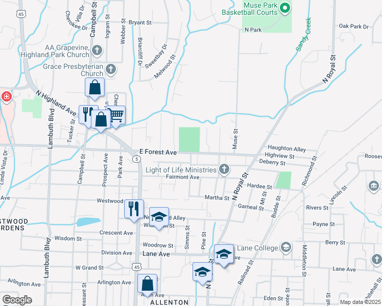 map of restaurants, bars, coffee shops, grocery stores, and more near East Forest Avenue in Jackson