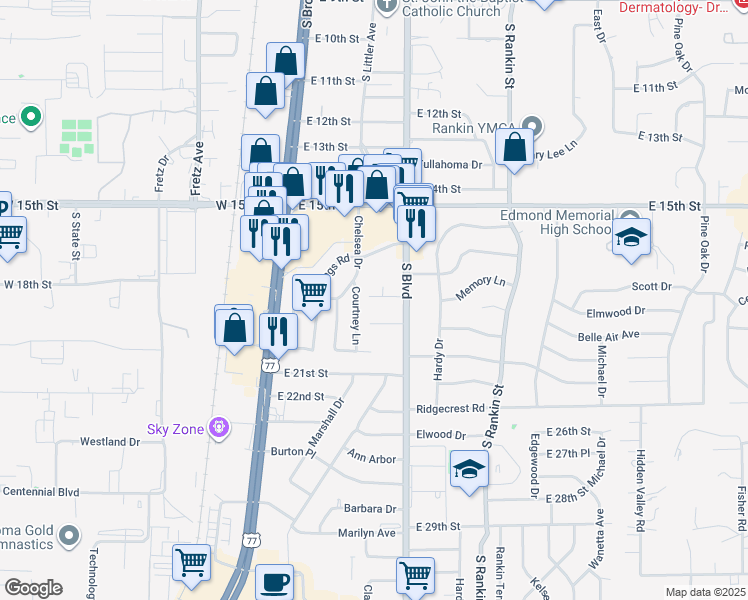 map of restaurants, bars, coffee shops, grocery stores, and more near 113 Sahoma Terrace in Edmond