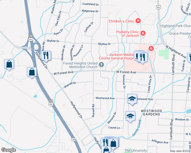 map of restaurants, bars, coffee shops, grocery stores, and more near 866 West Forest Avenue in Jackson