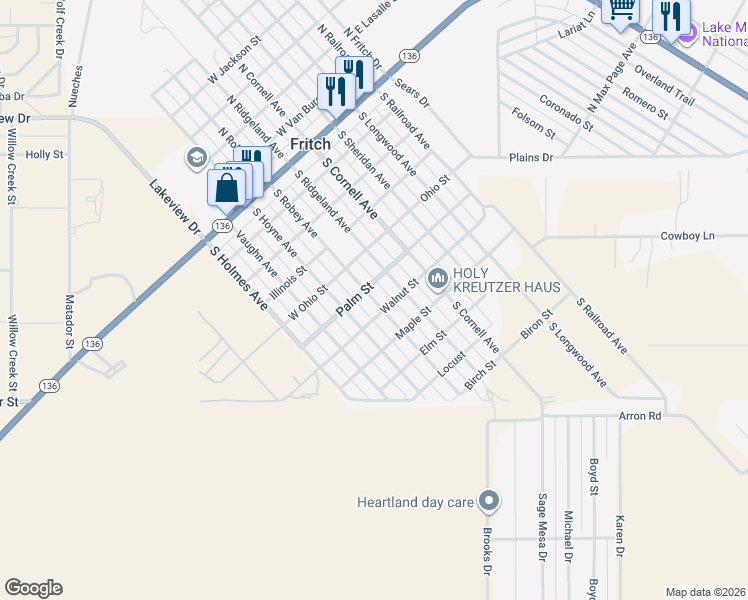 map of restaurants, bars, coffee shops, grocery stores, and more near Palm St in Fritch