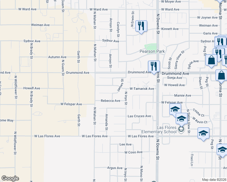 map of restaurants, bars, coffee shops, grocery stores, and more near 1201 West Tamarisk Avenue in Ridgecrest