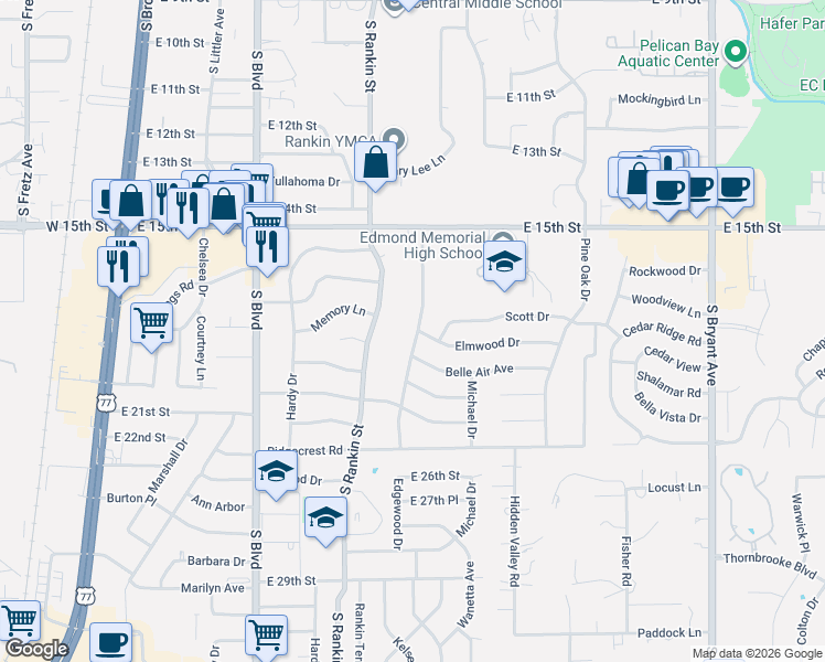 map of restaurants, bars, coffee shops, grocery stores, and more near 1700 Edgewood Drive in Edmond