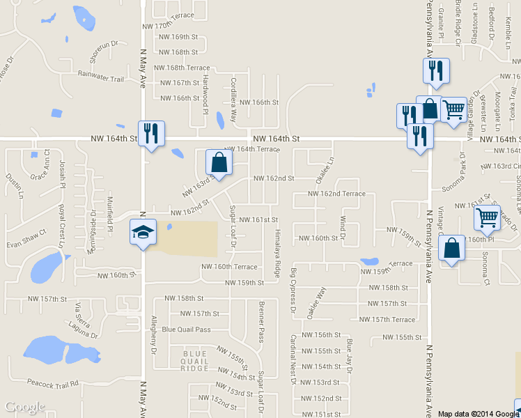 map of restaurants, bars, coffee shops, grocery stores, and more near 2524 Northwest 162nd Terrace in Edmond