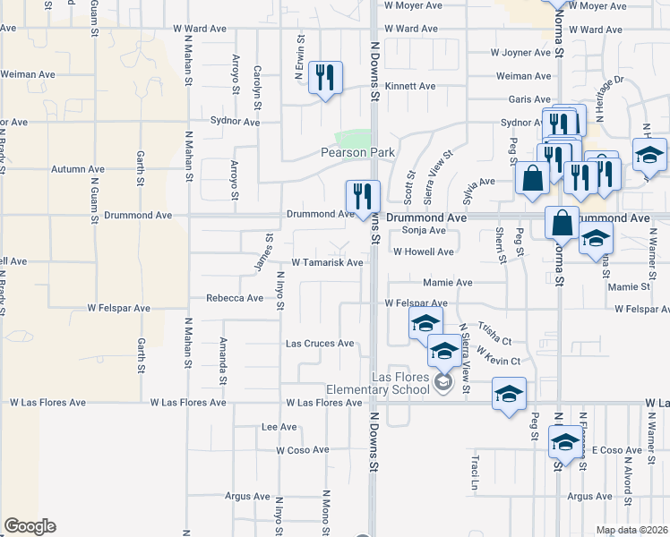map of restaurants, bars, coffee shops, grocery stores, and more near 800 Beach Court in Ridgecrest