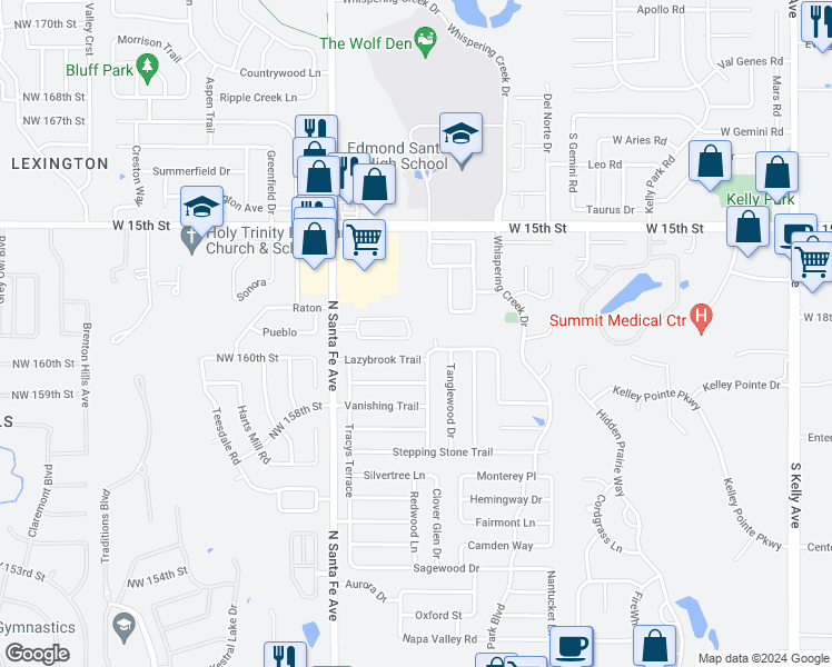 map of restaurants, bars, coffee shops, grocery stores, and more near 1848 Casitas Circle in Edmond