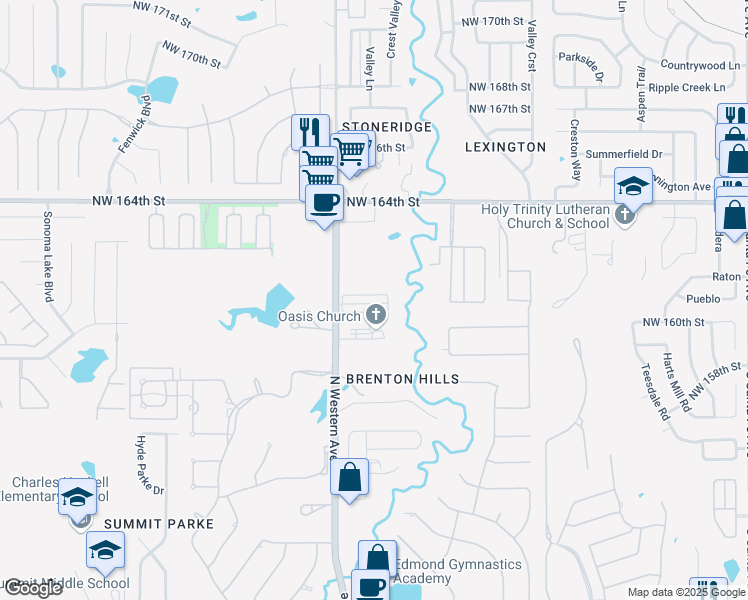 map of restaurants, bars, coffee shops, grocery stores, and more near 16116 North Western Avenue in Edmond