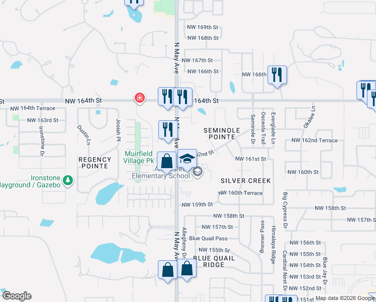 map of restaurants, bars, coffee shops, grocery stores, and more near 16309 Seminole Drive in Edmond
