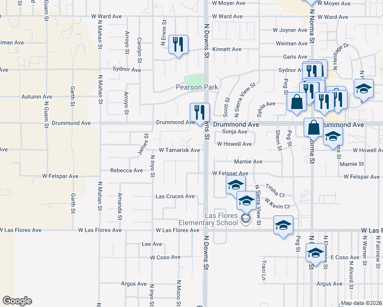 map of restaurants, bars, coffee shops, grocery stores, and more near 801 North Downs Street in Ridgecrest