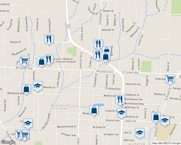 map of restaurants, bars, coffee shops, grocery stores, and more near 404 West Forest Avenue in Jackson