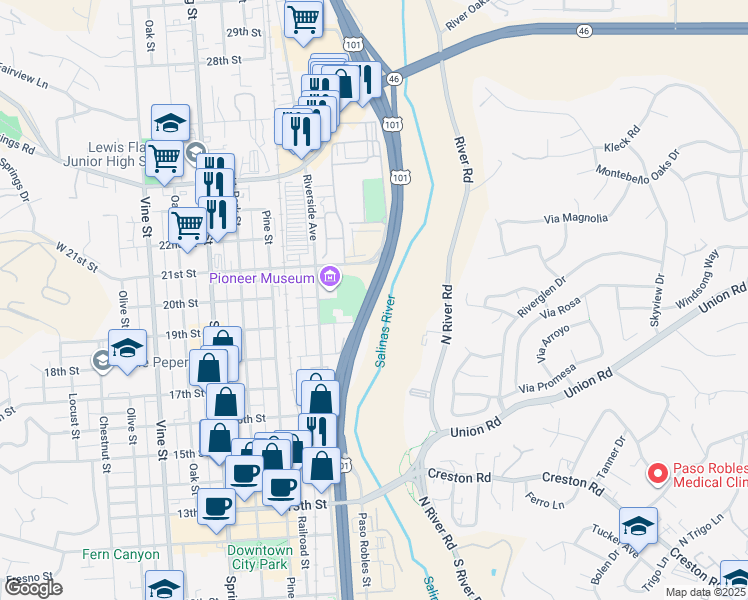 map of restaurants, bars, coffee shops, grocery stores, and more near El Camino Real in Paso Robles