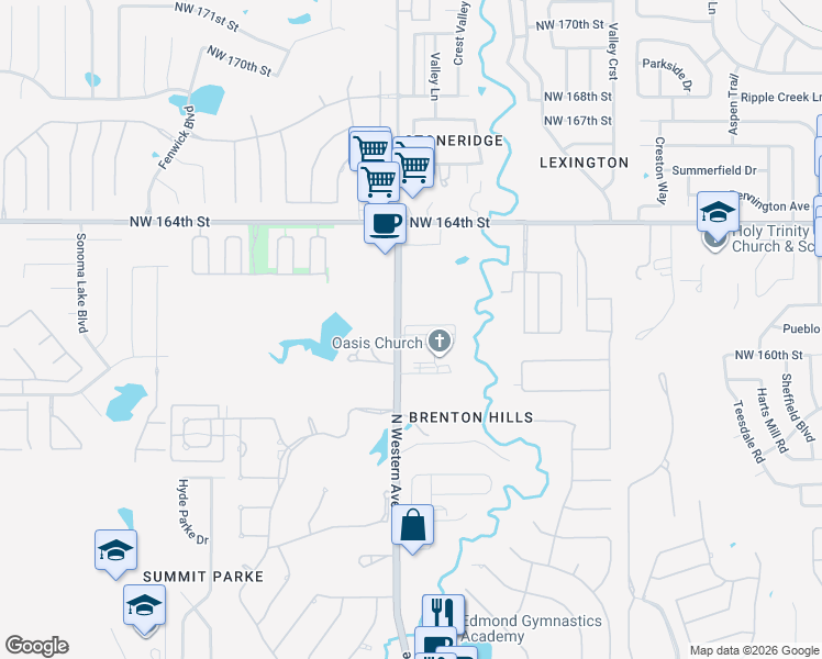 map of restaurants, bars, coffee shops, grocery stores, and more near 16116 North Western Avenue in Edmond