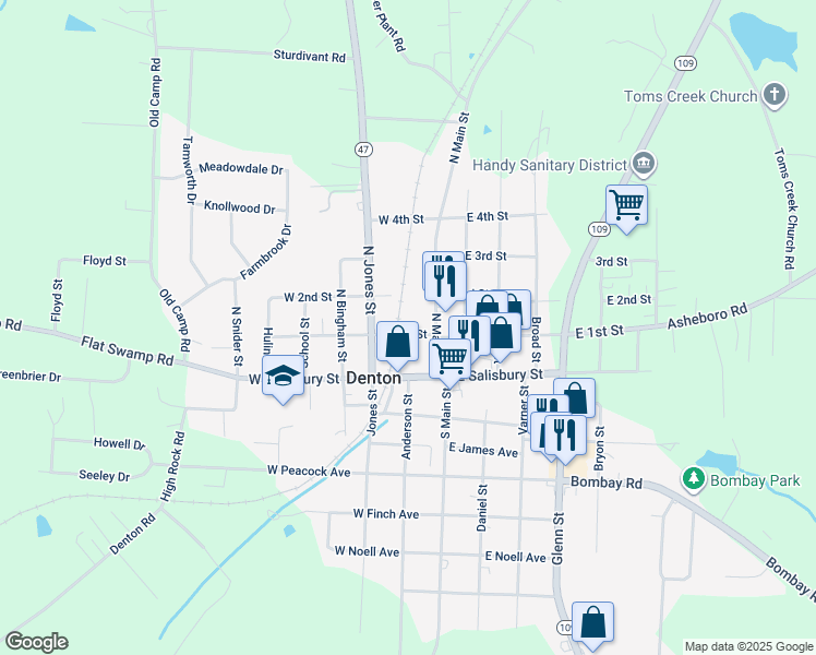 map of restaurants, bars, coffee shops, grocery stores, and more near 60 West 1st Street in Denton