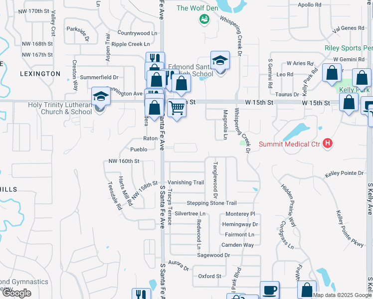 map of restaurants, bars, coffee shops, grocery stores, and more near 16201 North Santa Fe Avenue in Edmond