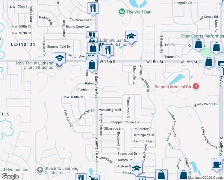 map of restaurants, bars, coffee shops, grocery stores, and more near 16201 North Santa Fe Avenue in Edmond