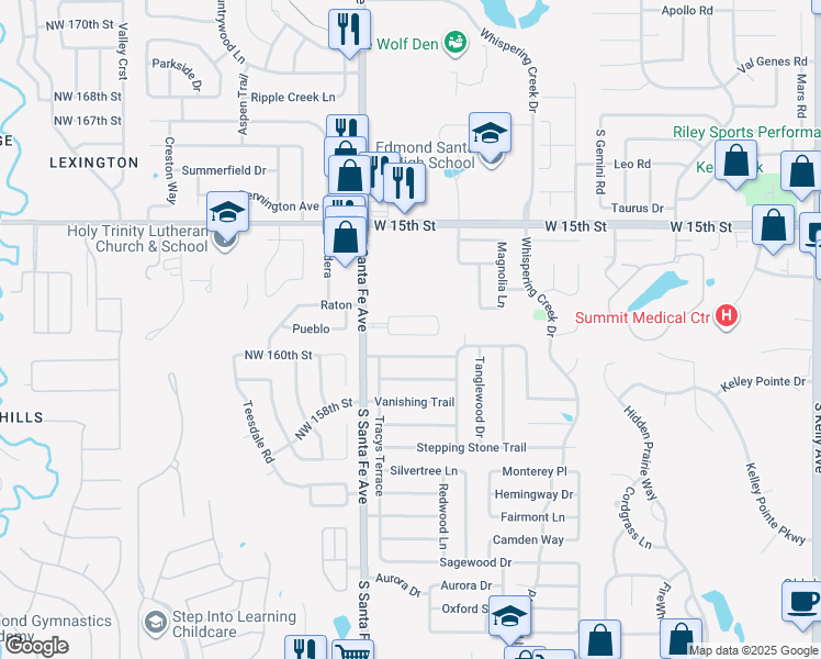 map of restaurants, bars, coffee shops, grocery stores, and more near 16201 North Santa Fe Avenue in Edmond