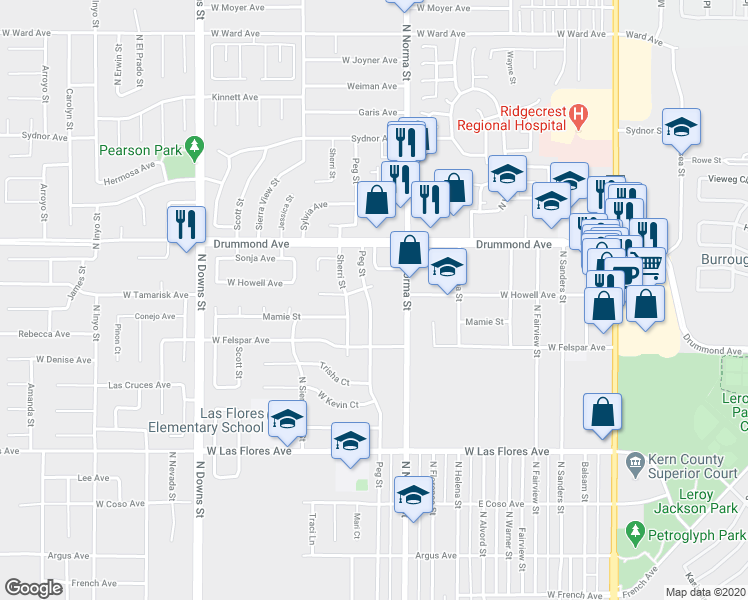map of restaurants, bars, coffee shops, grocery stores, and more near 742 Peg Street in Ridgecrest