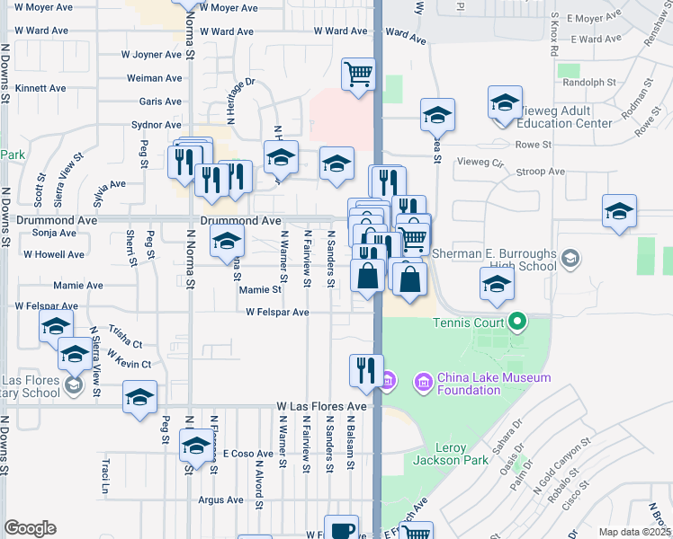 map of restaurants, bars, coffee shops, grocery stores, and more near 800 North Sanders Street in Ridgecrest