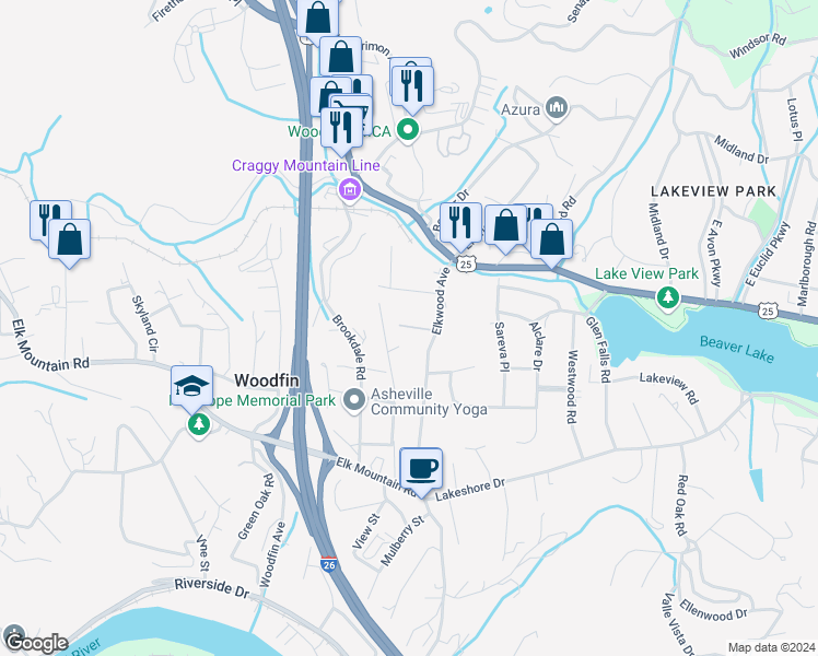 map of restaurants, bars, coffee shops, grocery stores, and more near 115 North Ridge Drive in Woodfin