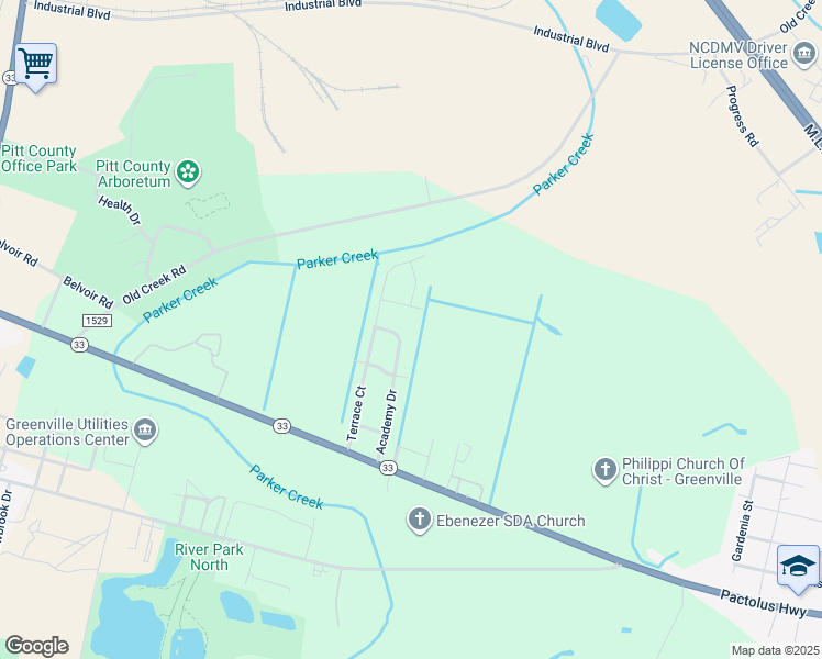 map of restaurants, bars, coffee shops, grocery stores, and more near 310 Academy Drive in Greenville