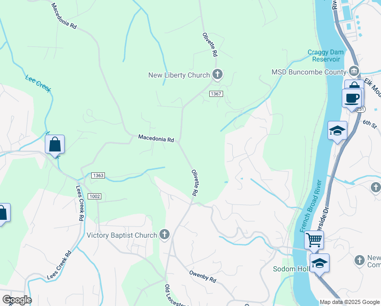 map of restaurants, bars, coffee shops, grocery stores, and more near 385 Olivette Road in Asheville