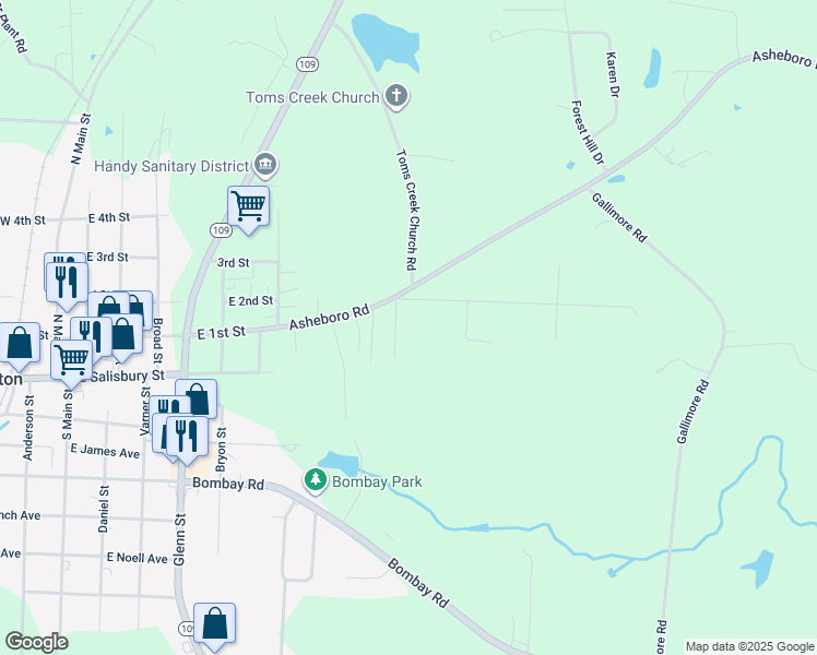map of restaurants, bars, coffee shops, grocery stores, and more near 1st Avenue in Denton