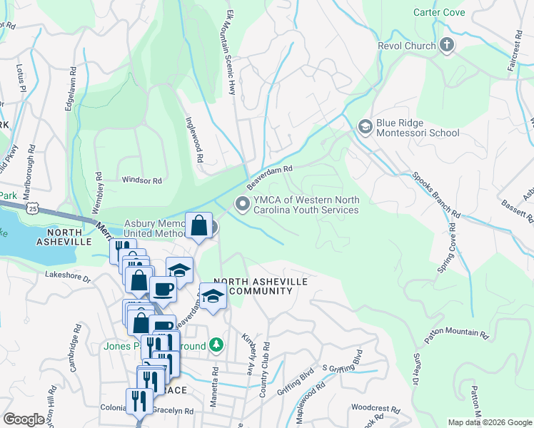map of restaurants, bars, coffee shops, grocery stores, and more near 108 Beaver Ridge Road in Asheville