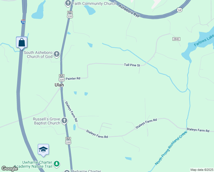 map of restaurants, bars, coffee shops, grocery stores, and more near 362 Tall Pine Street in Asheboro