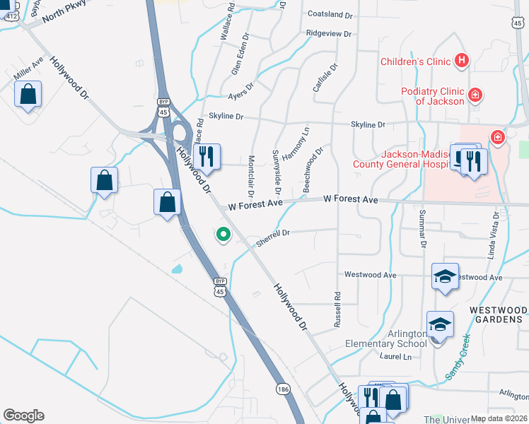 map of restaurants, bars, coffee shops, grocery stores, and more near 986 West Forest Avenue in Jackson