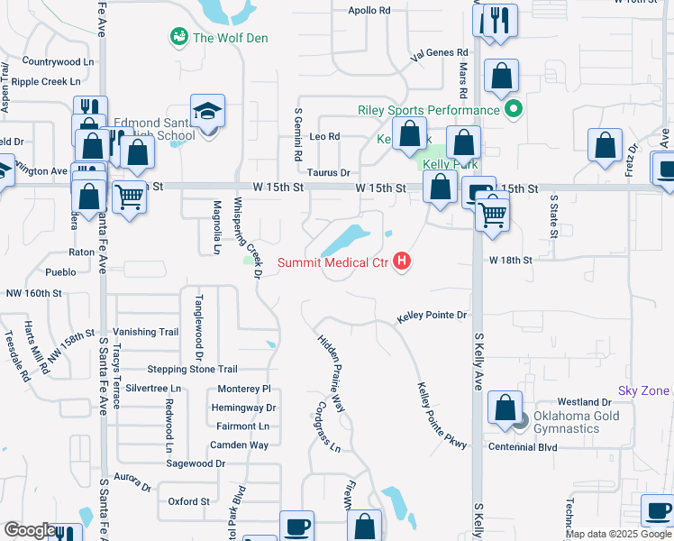 map of restaurants, bars, coffee shops, grocery stores, and more near 1229 Lakeshore Drive in Edmond