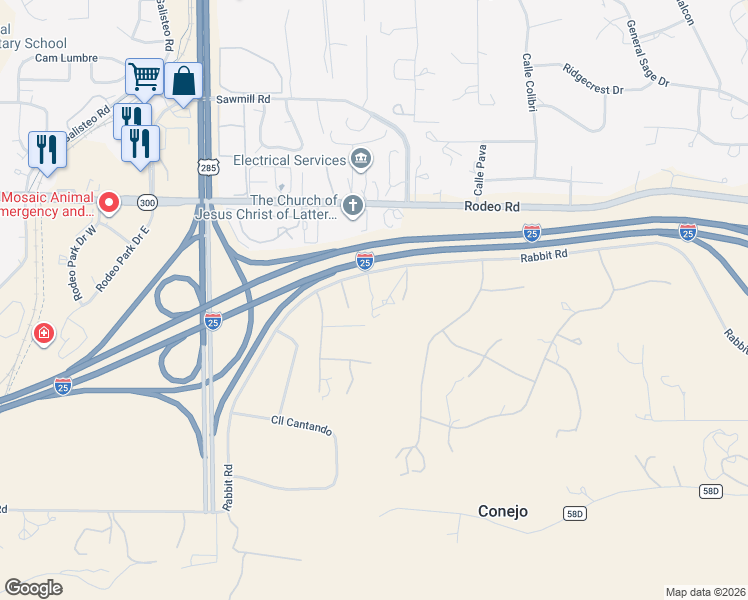 map of restaurants, bars, coffee shops, grocery stores, and more near 112 Rabbit Road in Santa Fe