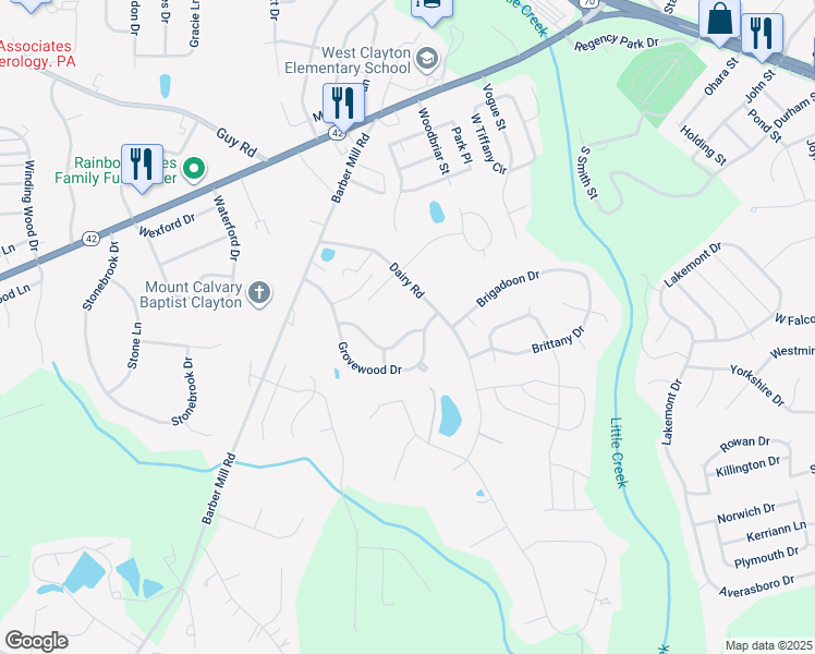 map of restaurants, bars, coffee shops, grocery stores, and more near 2008 McKinnon Drive in Clayton