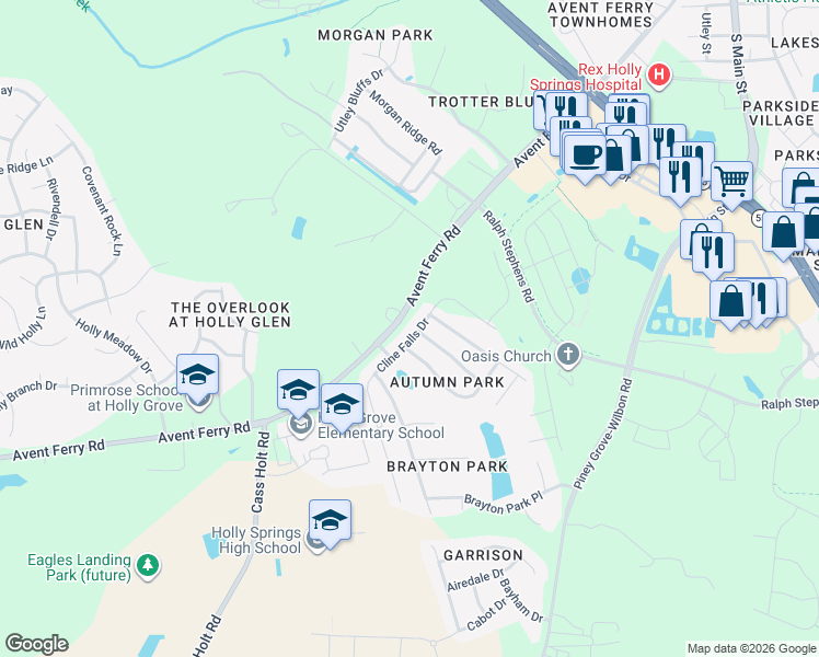 map of restaurants, bars, coffee shops, grocery stores, and more near 504 Cline Falls Drive in Holly Springs