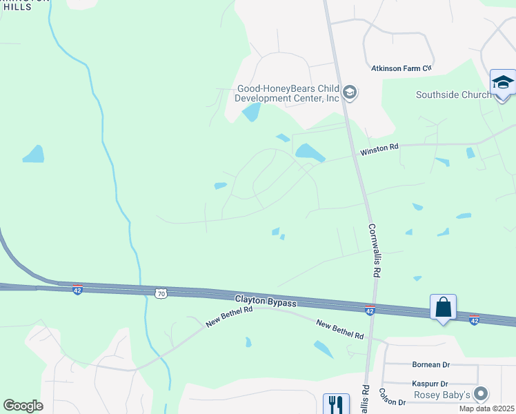 map of restaurants, bars, coffee shops, grocery stores, and more near 408 Oak Branch Trail in Garner