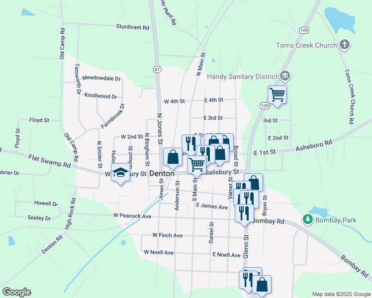 map of restaurants, bars, coffee shops, grocery stores, and more near 111 South Main Street in Denton