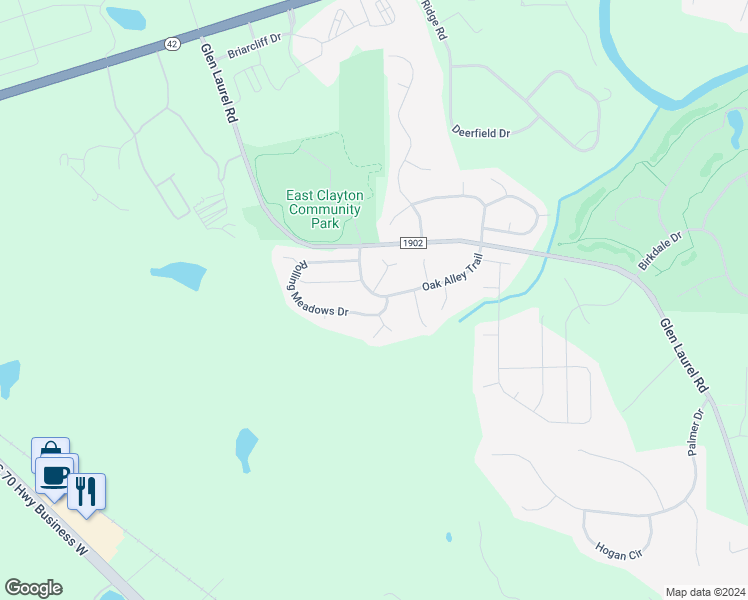map of restaurants, bars, coffee shops, grocery stores, and more near 160 Oak Alley Trail in Clayton