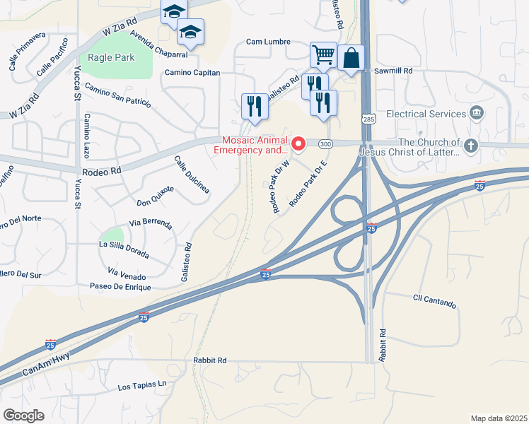 map of restaurants, bars, coffee shops, grocery stores, and more near 2968 Rodeo Park Drive West in Santa Fe