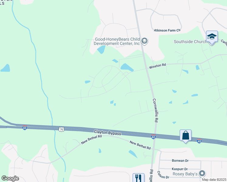 map of restaurants, bars, coffee shops, grocery stores, and more near 345 Oak Branch Trail in Garner