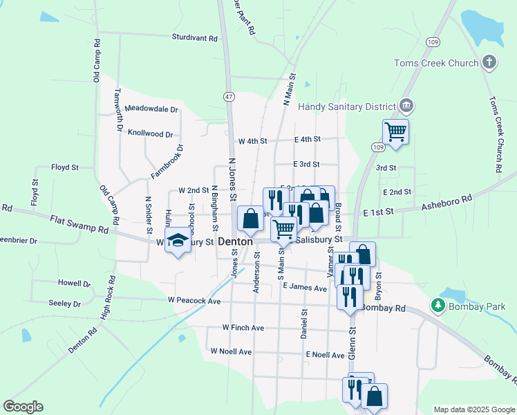 map of restaurants, bars, coffee shops, grocery stores, and more near 60 West 1st Street in Denton