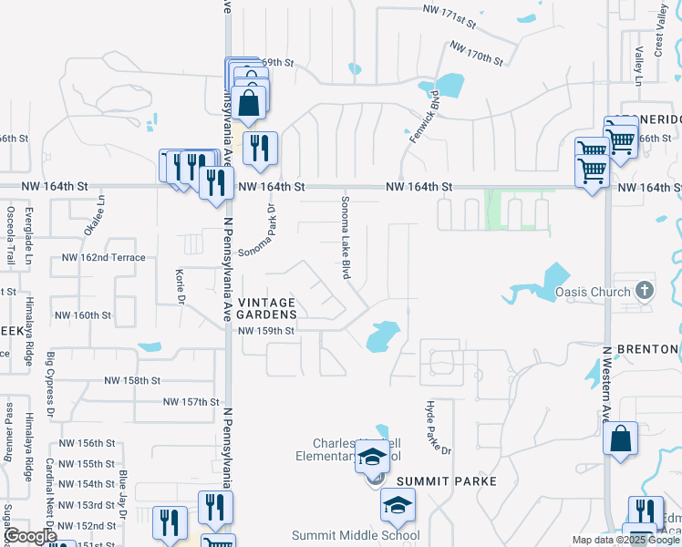 map of restaurants, bars, coffee shops, grocery stores, and more near 16117 Sonoma Lake Boulevard in Edmond