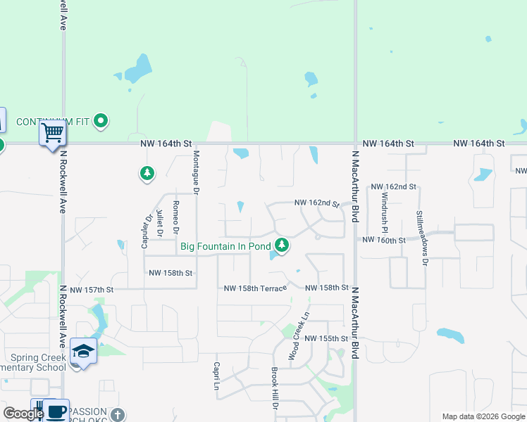 map of restaurants, bars, coffee shops, grocery stores, and more near 16213 Fair Winds Way in Edmond