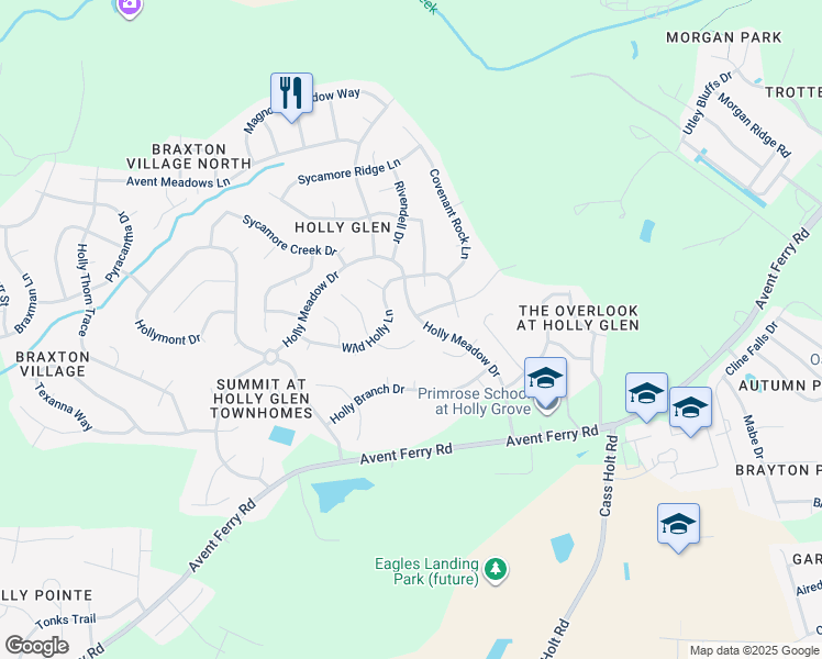 map of restaurants, bars, coffee shops, grocery stores, and more near 104 Hickory Glen Lane in Holly Springs