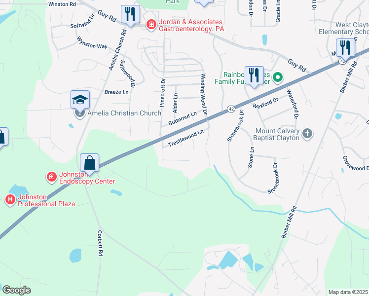 map of restaurants, bars, coffee shops, grocery stores, and more near 109 Holly Point Place in Clayton