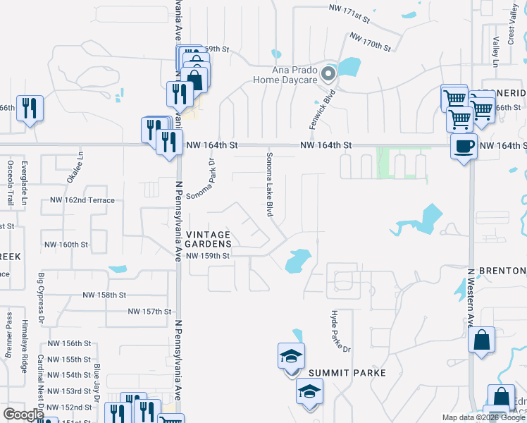 map of restaurants, bars, coffee shops, grocery stores, and more near 1708 Northwest 161st Circle in Edmond