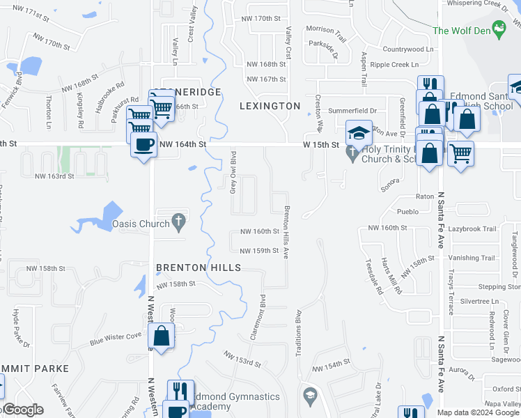 map of restaurants, bars, coffee shops, grocery stores, and more near 16208 Snowy Owl Drive in Edmond