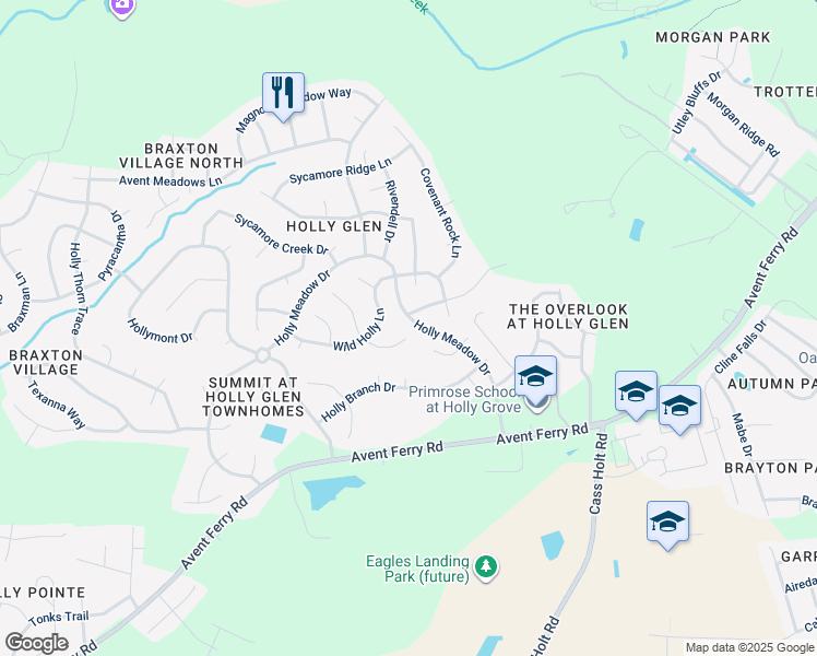 map of restaurants, bars, coffee shops, grocery stores, and more near 104 Hickory Glen Lane in Holly Springs