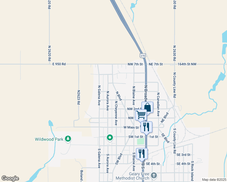 map of restaurants, bars, coffee shops, grocery stores, and more near 505 Northwest Boulevard in Geary