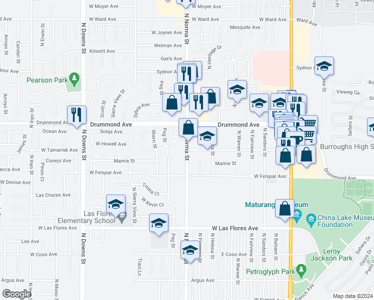 map of restaurants, bars, coffee shops, grocery stores, and more near 802 North Norma Street in Ridgecrest