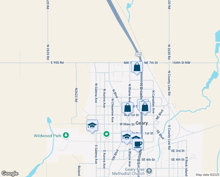 map of restaurants, bars, coffee shops, grocery stores, and more near 505 Northwest Boulevard in Geary