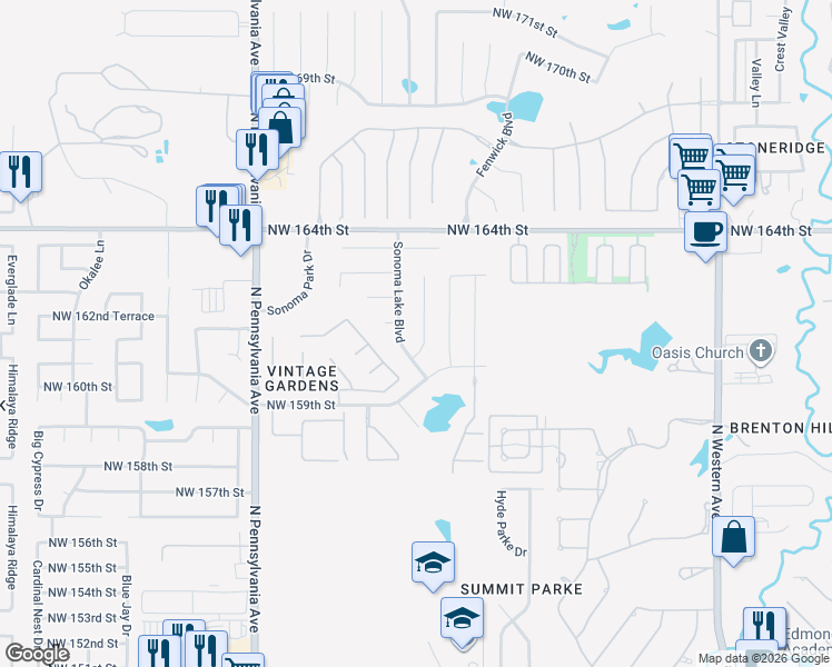map of restaurants, bars, coffee shops, grocery stores, and more near 16121 Vallejo Place in Edmond